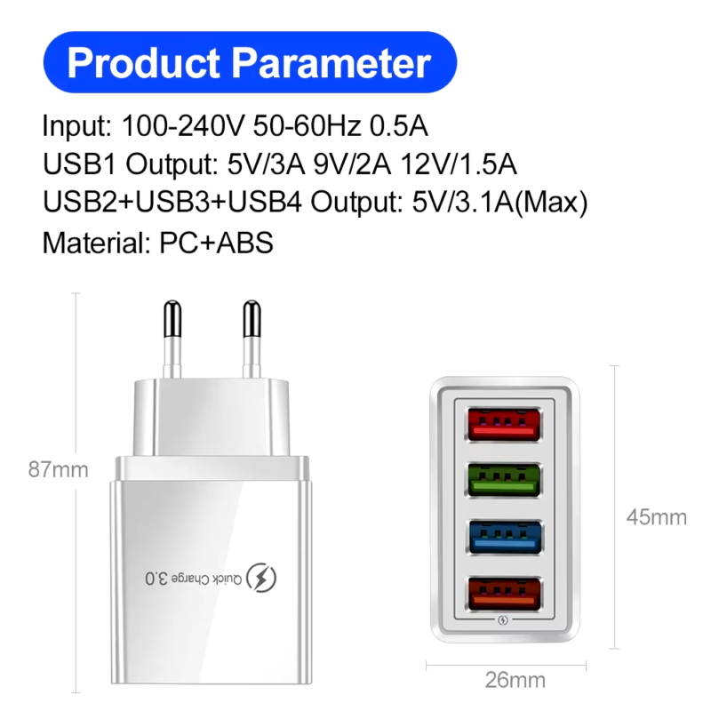 Multi Port 4 USB Quick Charge 3.0 for Phone Adapter - Image 6